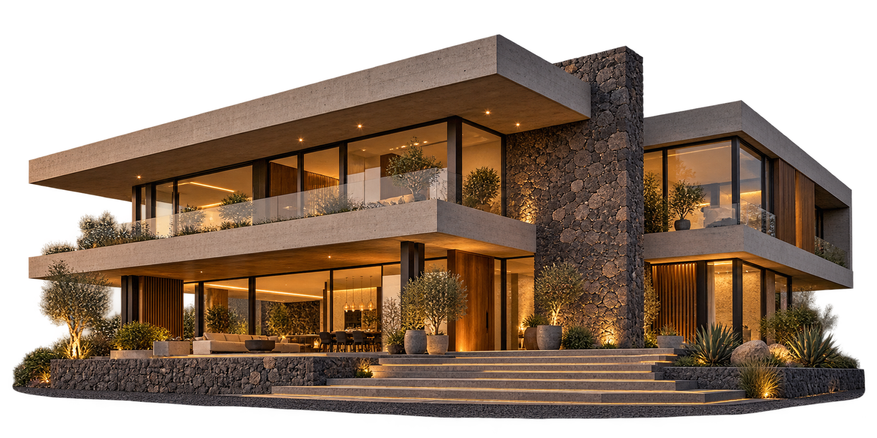 Concepto visual de una casa contemporánea con piedra, concreto y ventanales iluminados